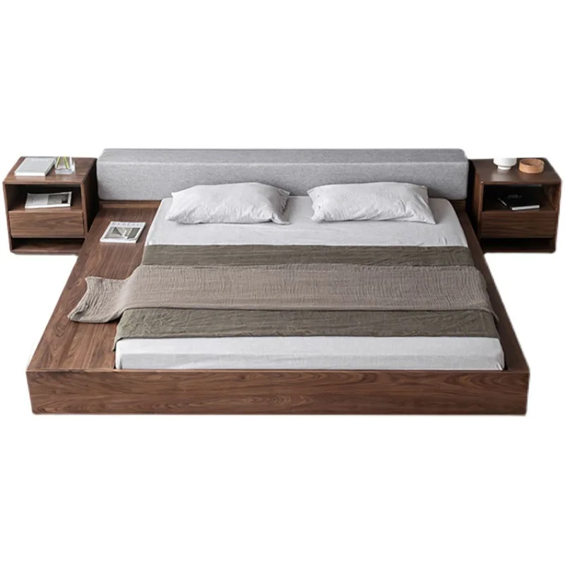 Nordic black walnut solid wood bed 1.8m simple modern tatami floor Japanese low bed storage low bed