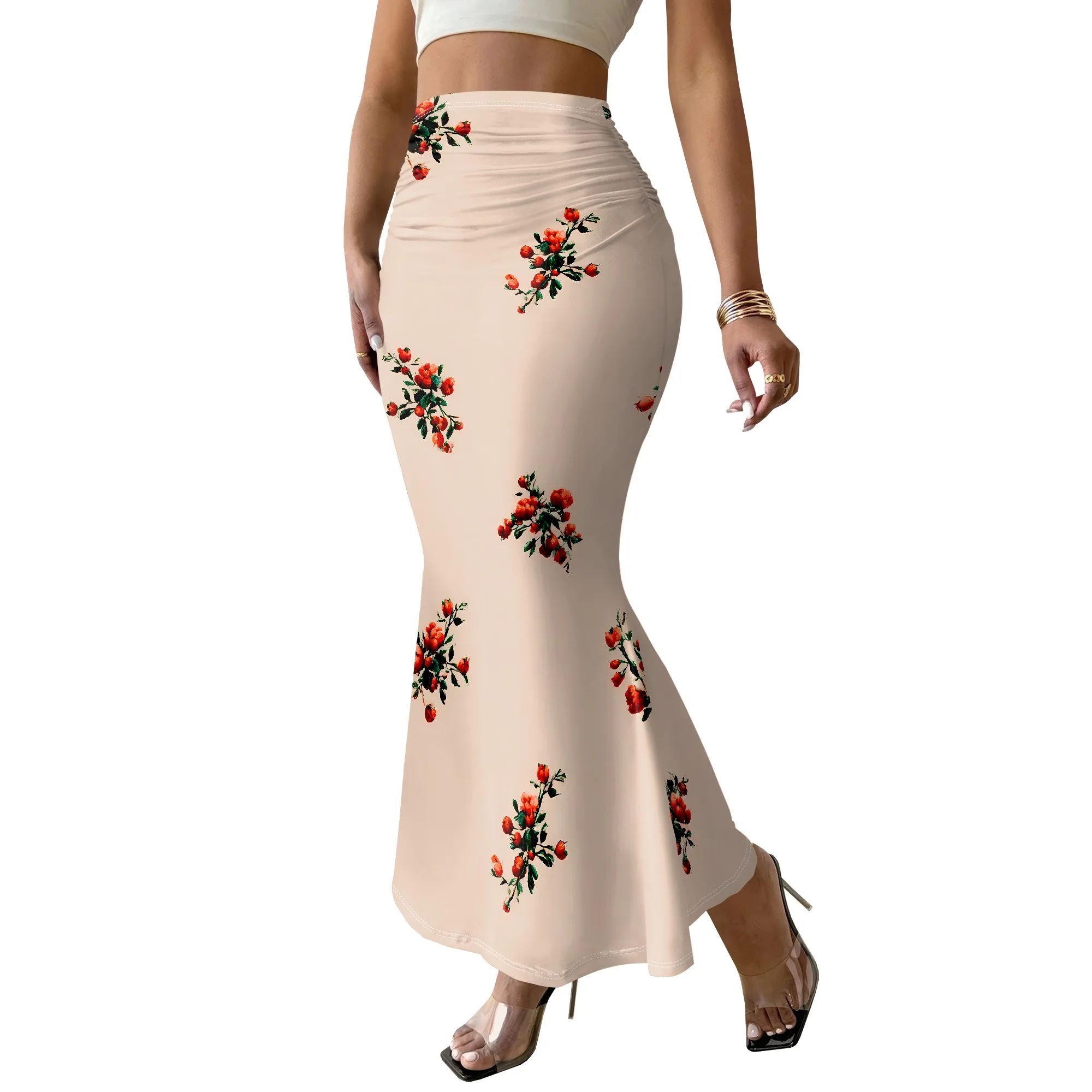 Floral Mermaid Skirt, High Waist Maxi Skirt, Elegant Summer Beach Wear, Ruched Bodycon Style for Women S-2XL