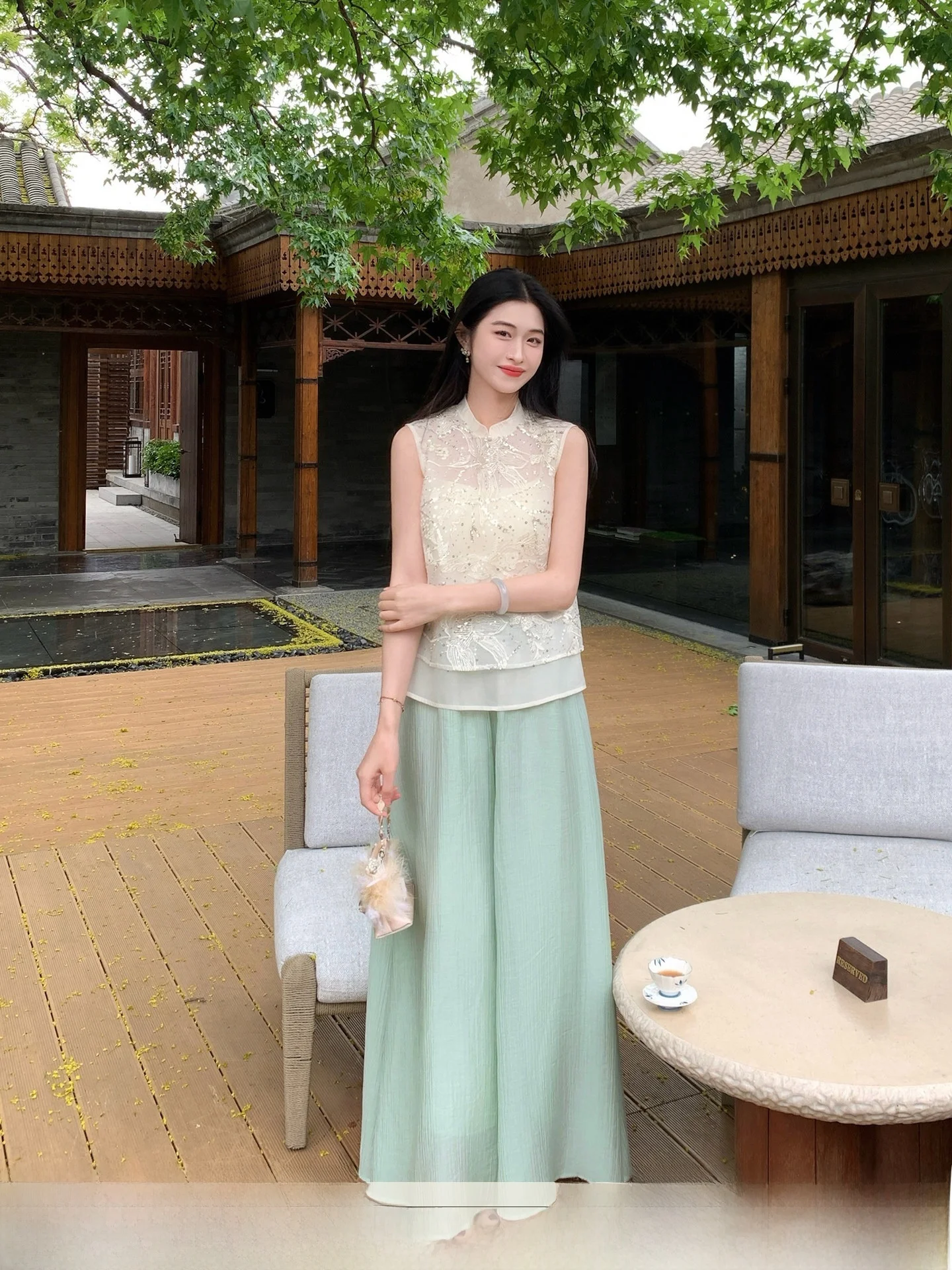 Lingxian Zhihe New Chinese Style Cold Sensation Set Women Summer Bead Embroidery Wide Leg Pants High Waist Shirt Fashion Set