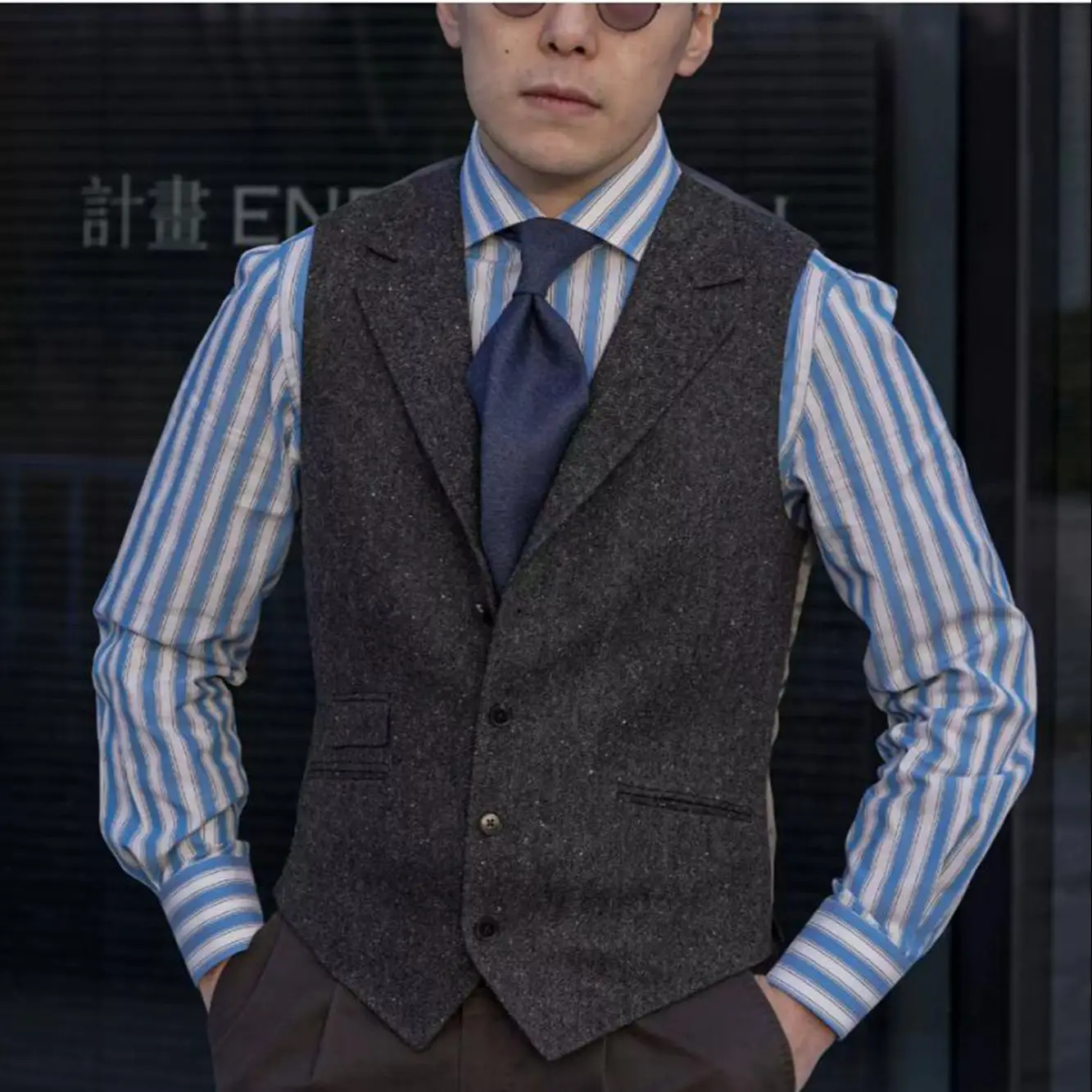 Costume en Tweed d'Acier à Col à Revers pour Homme, Coupe Cintrée, Simple Boutonnage, Gilet pour Mariage