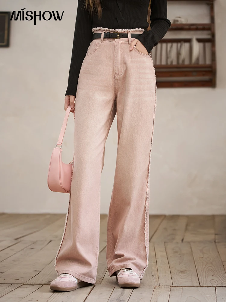 MISHOW 100 Cotton High Waist Slim Pink Jeans for Women 2024 Spring Versatile Loose Casual Tassel Edge Straight Pants MXD12K0535