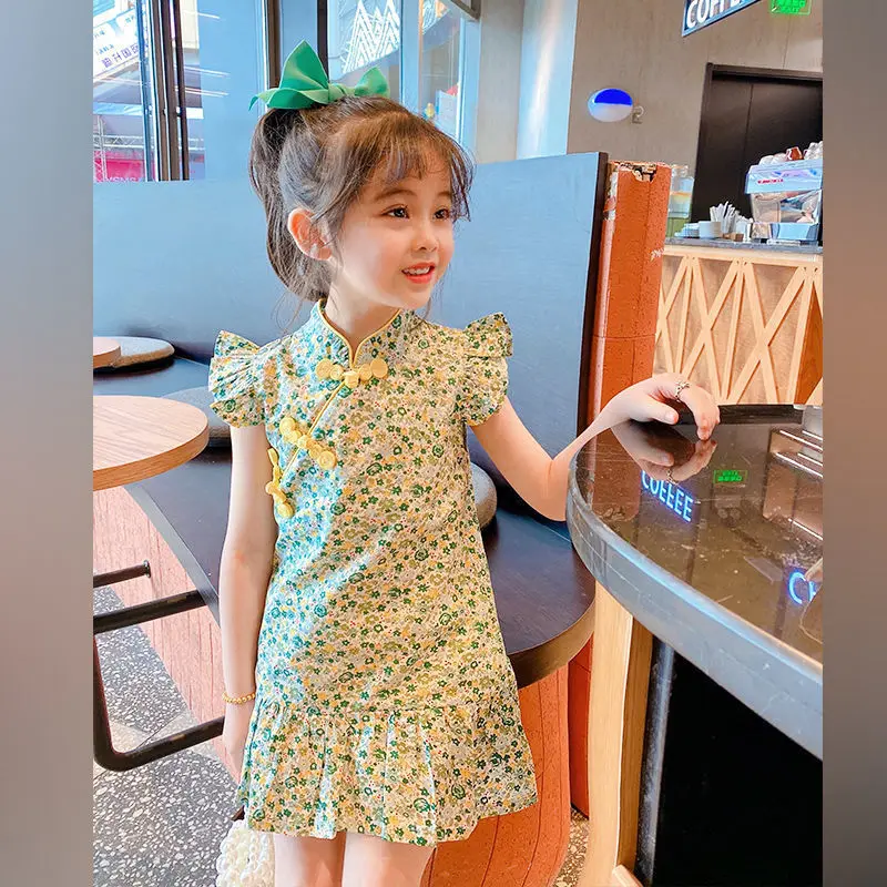 Summer Baby Girl Choengsam Dress Chinese Style Hanfu Retro Print Princess Dress Ruffle Sleeve Flower Print Kid Dress Qipao A1240