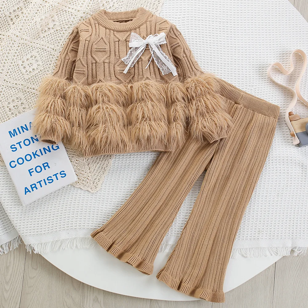 YBFSKID Spring Children Girl 2PCS Clothes Set Turn Down Collar Glutinous Fur Knitwear Cardigan Suit Versatile Strench Flare Pant