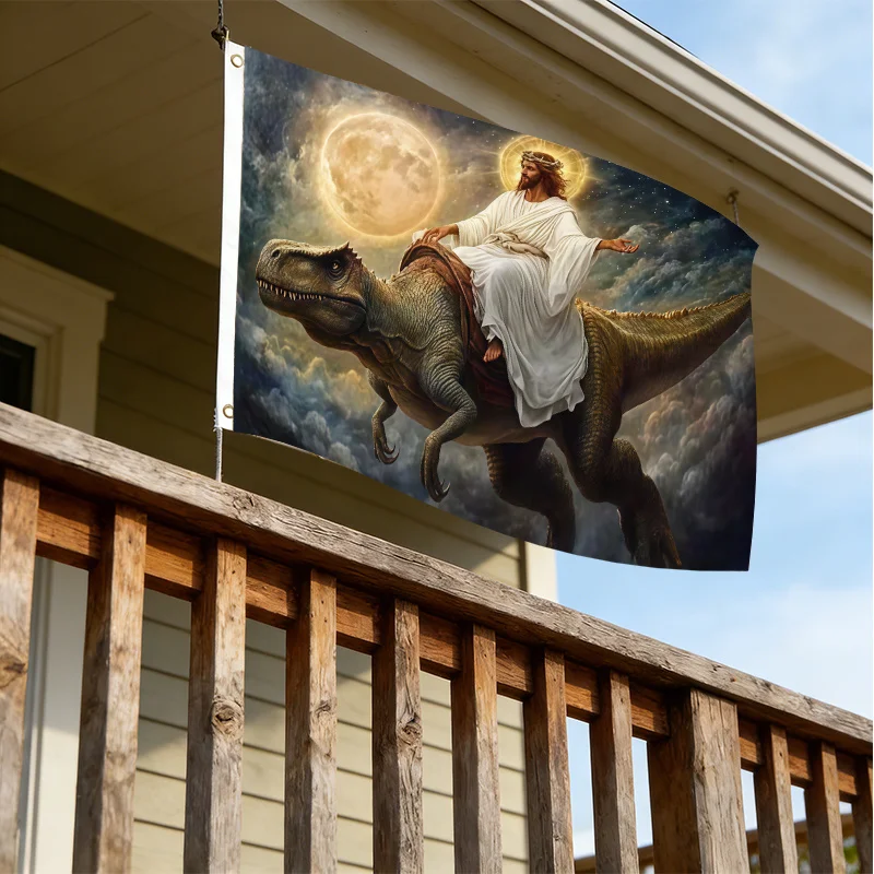Jesus Riding T Rex Flag Religious Fantasy Humorous Outdoor Polyester Banner
