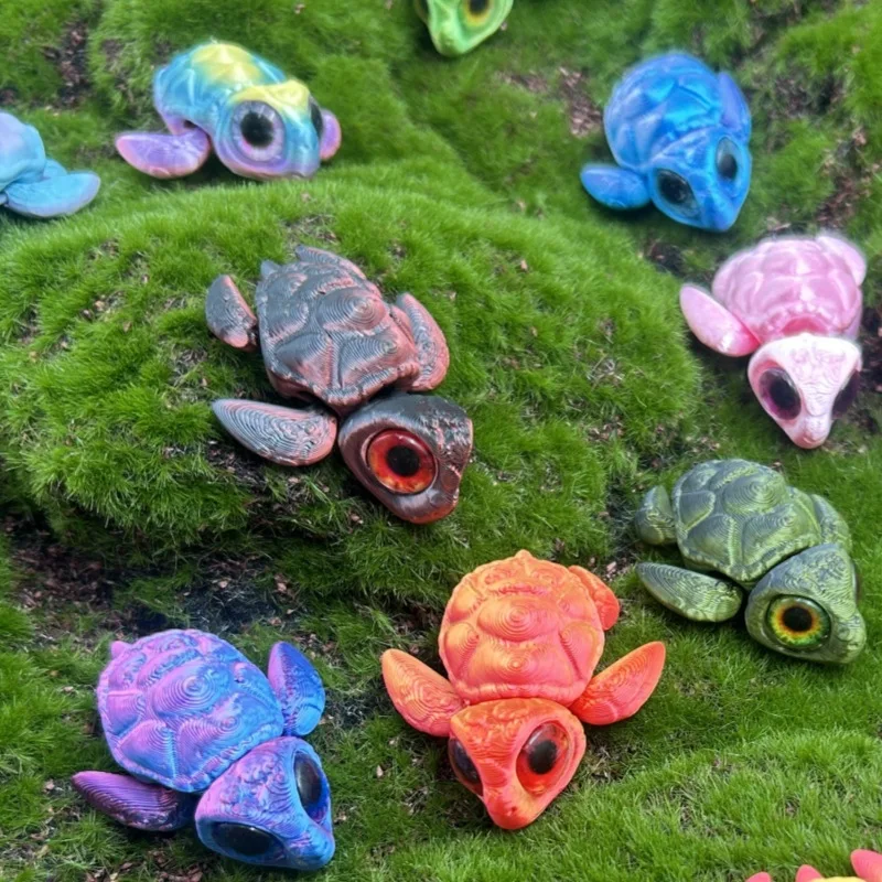 Mini Colourful Turtle 3D Printed Toys Simulation Big Eye Turtle Toy Model Joints Movable Cute Turtle Ornament+Keychain Set Gift