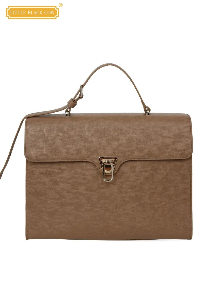 

High Quality Office Ladies Business Casual Cowhide Genuine Leather Briefcase Women Square Totes Large Capacity Buckle Flap Bags