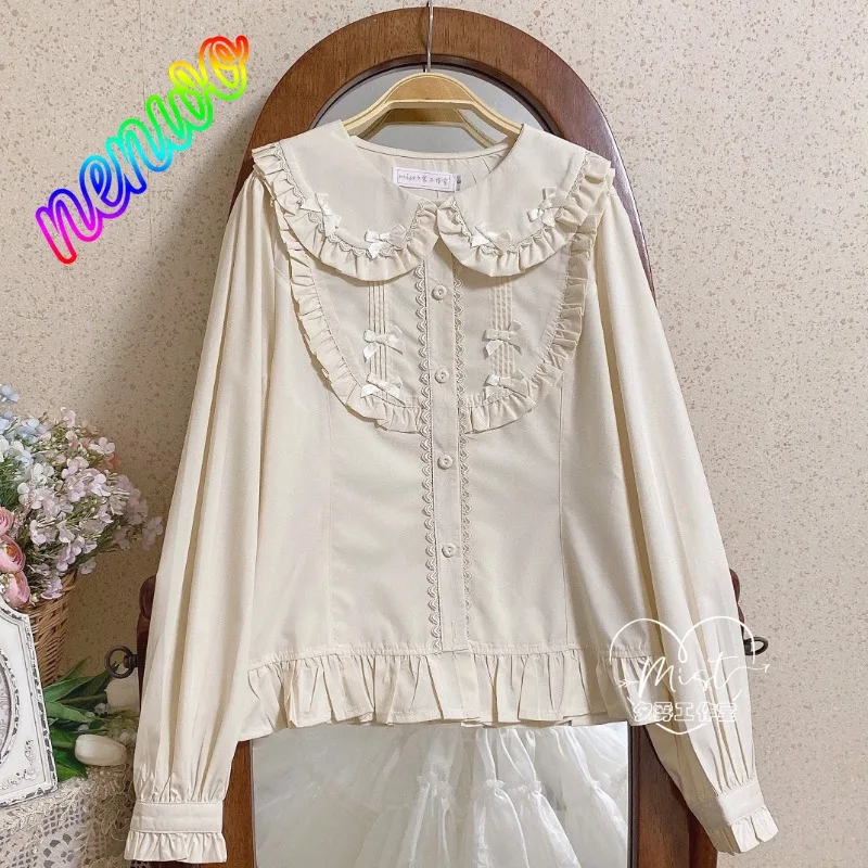 

Japan Kawaii Lolita Blouses Women Elegant Bow Ruffles Peter Pan Collar Shirts Tops Girly Casual Blusas Mujer Gothic Y2k Clothes