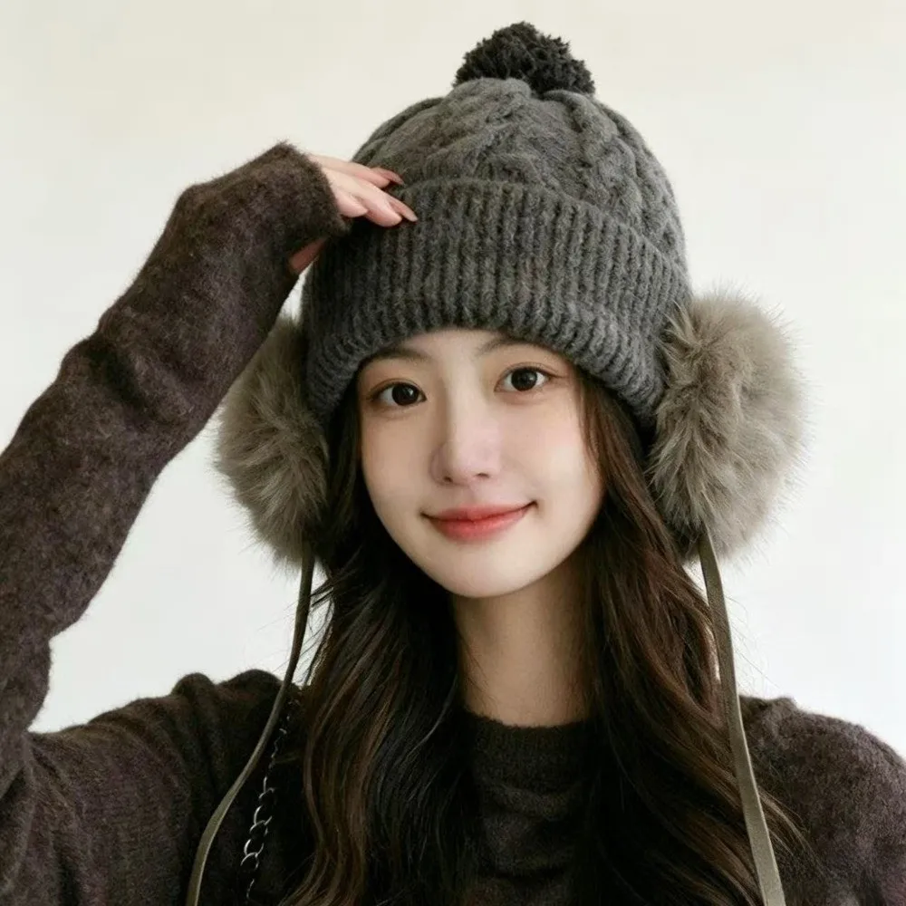 Knitted Trapper Hat Ear Protection Large Head Circumference Pompom Beanie with Earflap Warm Faux Fur Ear Flaps Cable Wool Cap