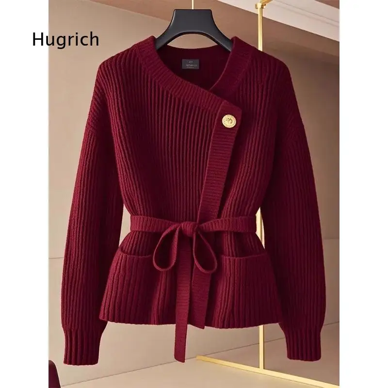 Red Round Neck Waist Tie Knit Cardigan Women Elegant Mature Style Loose Slim Sweater Top Comfortable Outerwear For Autumn And Wi