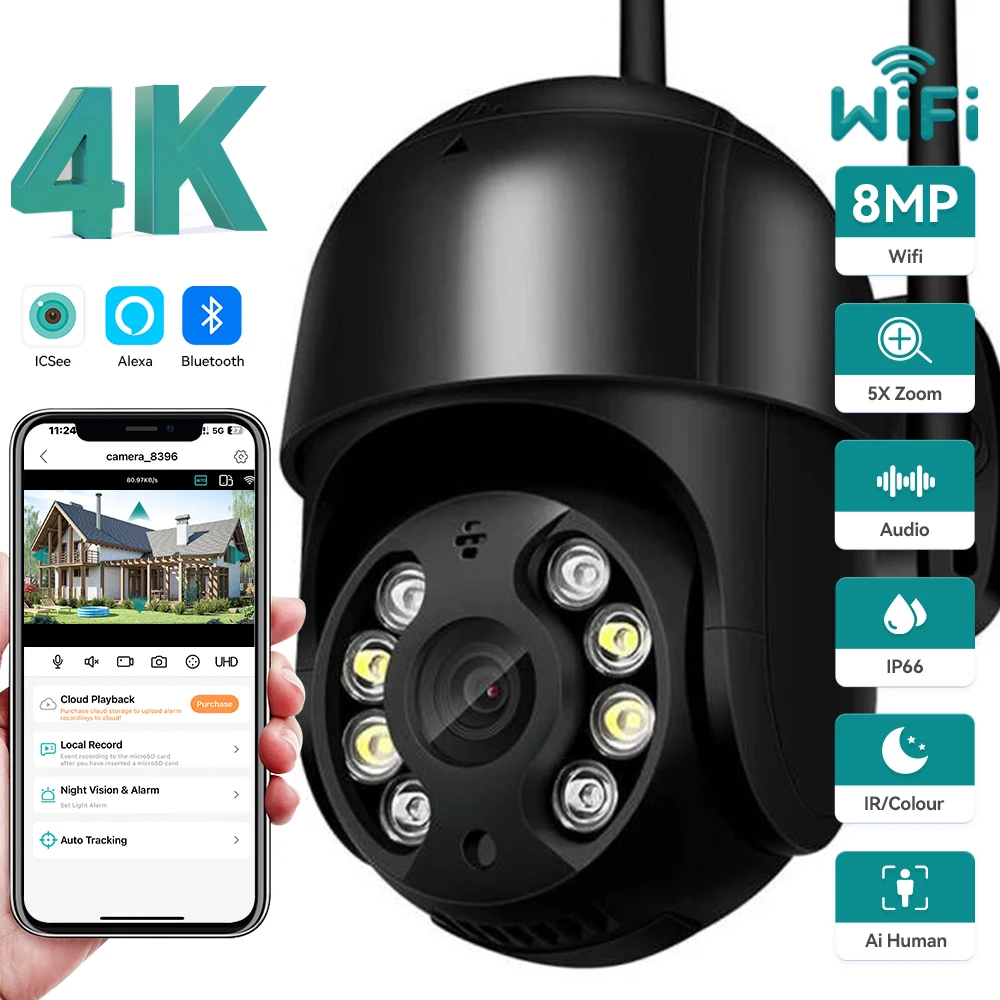 4K 8MP PTZ WLAN IP-Kamera HD 5MP Überwachungskamera 4X Digitalzoom H.265 1080P Outdoor Drahtlose Sicherheits-CCTV-Kamera ICSee