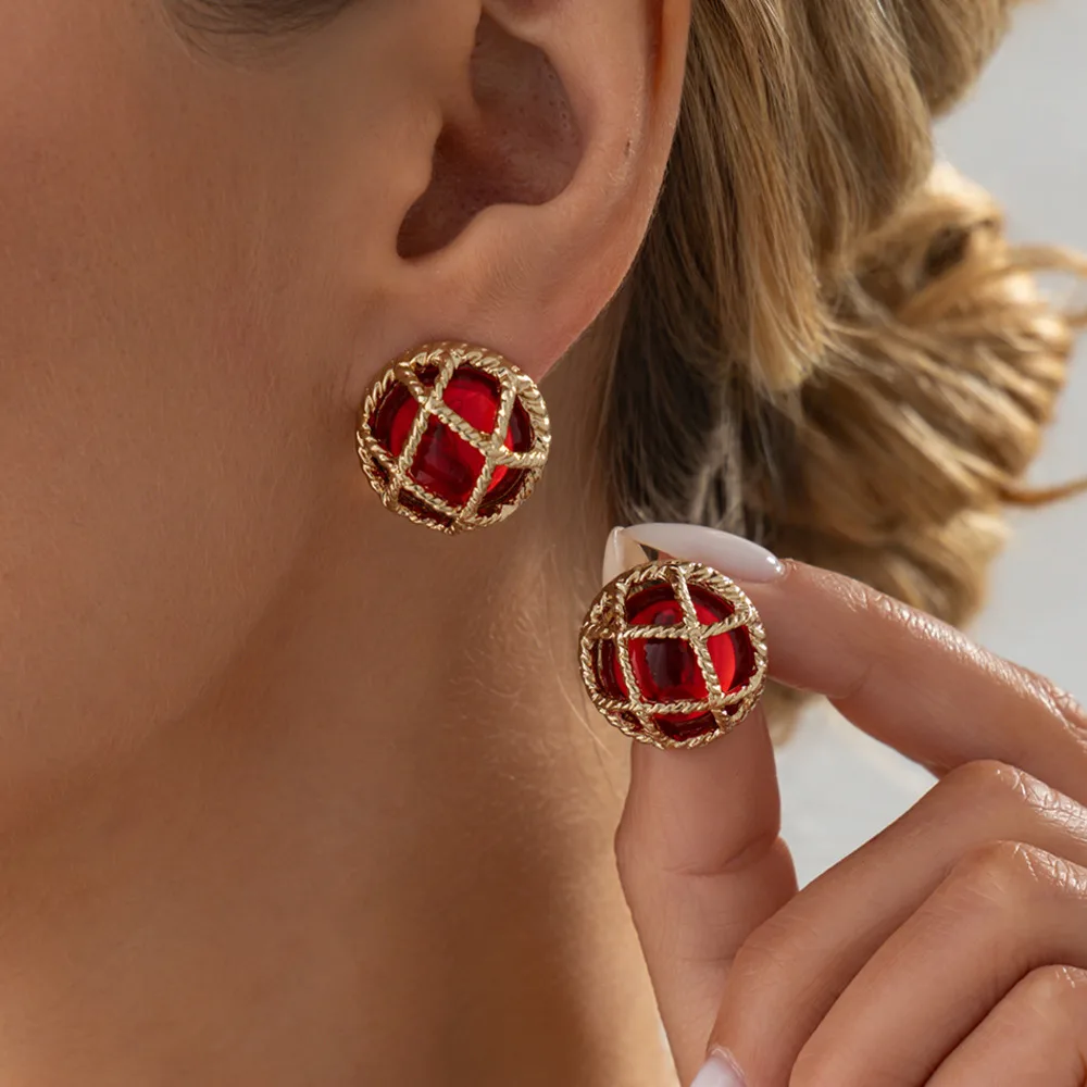 Ingemark 6 Colors Retro Rounds Resin Crystal Stud Earrings Women Boho Gold Color Grid Cage Shaped Piercing Earring Jewelry Gifts