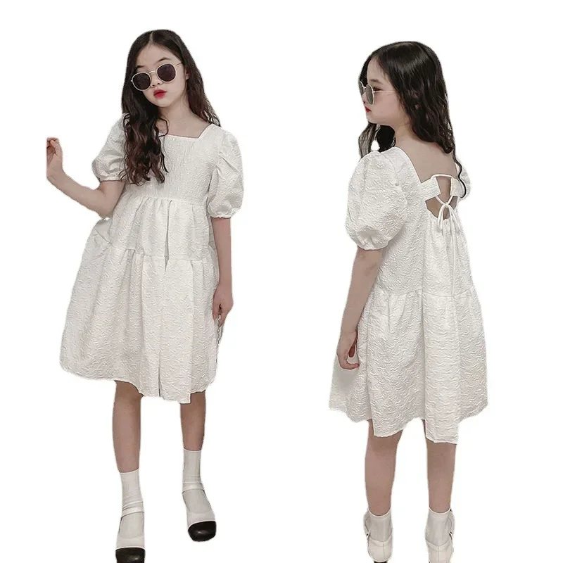 2024 summer princess white dress boat neckline short sleeve backless loose  kids children toddler teen 5 6 8 9 10 11 12 years