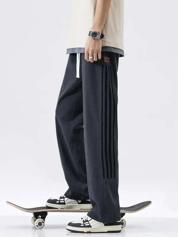 

Men's Autumn Winter Thick Fleece-Lined Striped Casual Trousers Men Drawstring Loose-Fit Straight-Leg Sports Trousers Drape