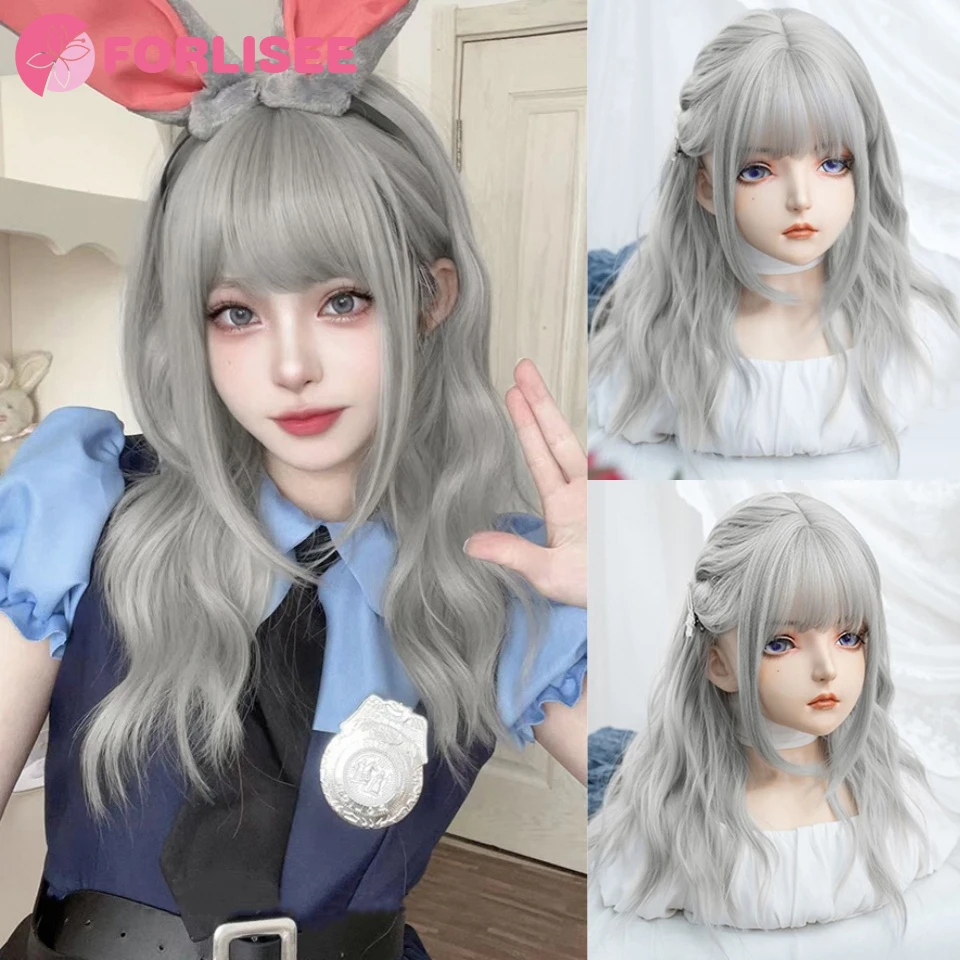 

FORLISEE Silver Ash Long Deep Wave Hair Lolita Wigs With Bangs Synthetic Wig For Women Fashion Thick Curls Wigs Girl