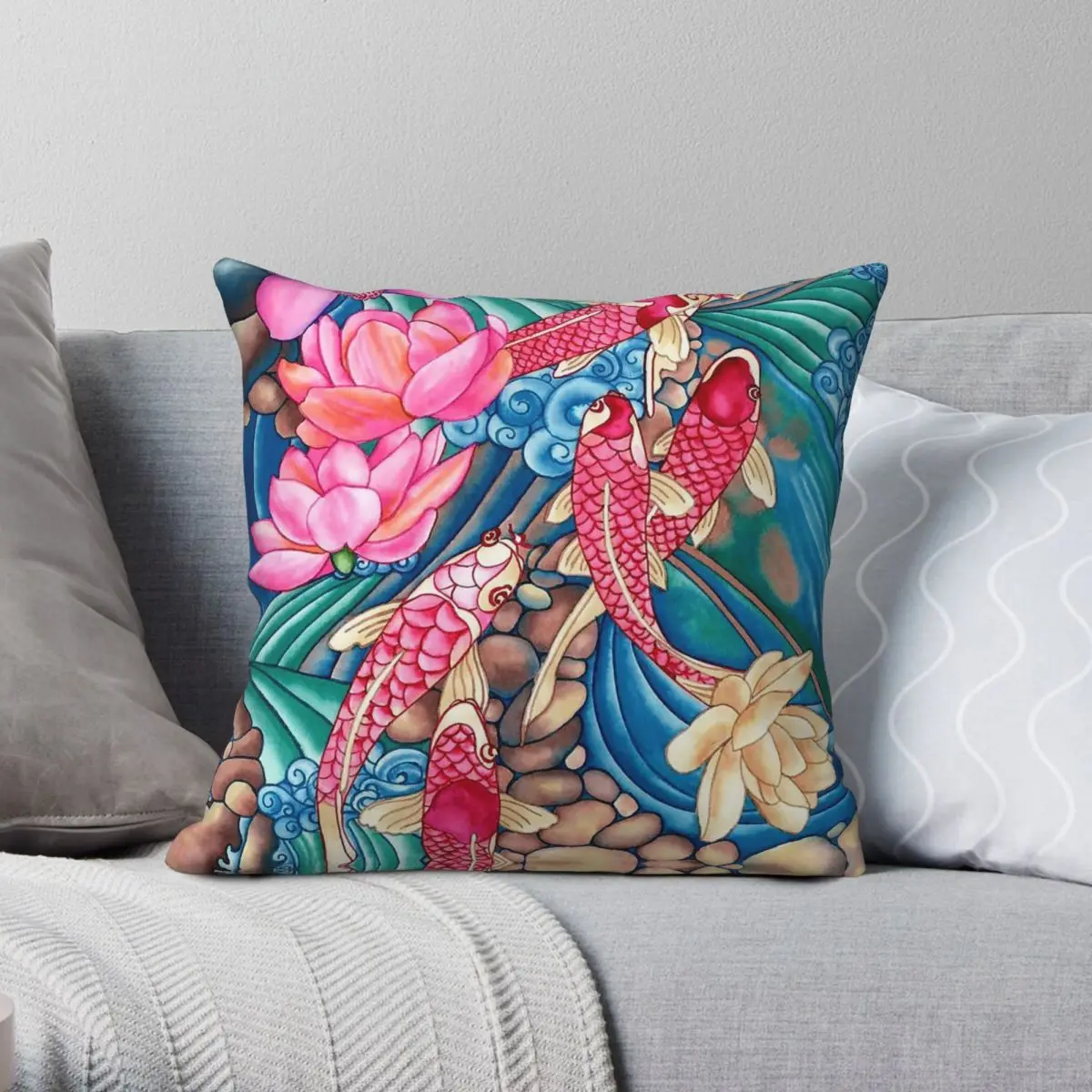 Koi Fished In Pond Square Pillowcase Polyester Linen Velvet Creative Zip Decorative Throw Pillow Case Car Cushion Cover 18