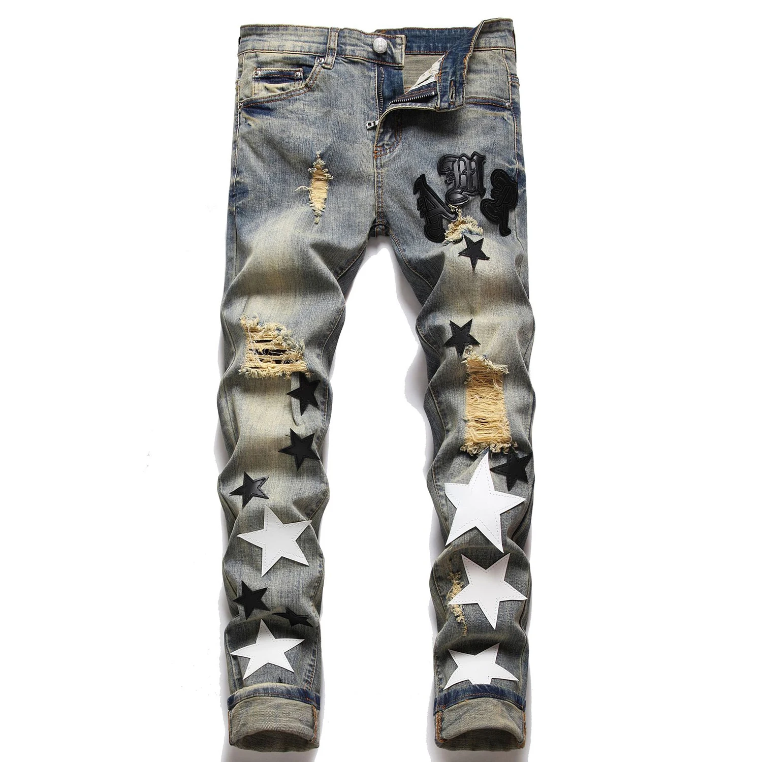 Jeans blu strappati con foro Slim-fit da uomo di alta qualità, ricamo di lusso leggero che decora Jeans Hip Hop, Jeans da strada Sexy alla moda;