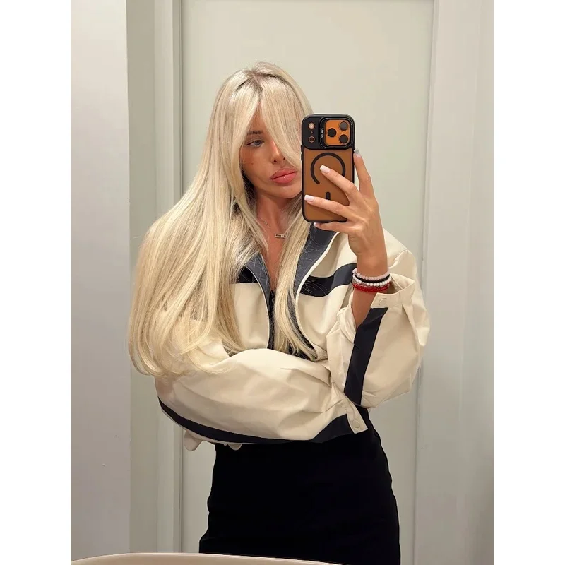 Contrast Strip Cropped Jacket Women Chic Stand Collar Zip Up Loose Windproof Casual Coat Autumn New Street Sport Style Outfit