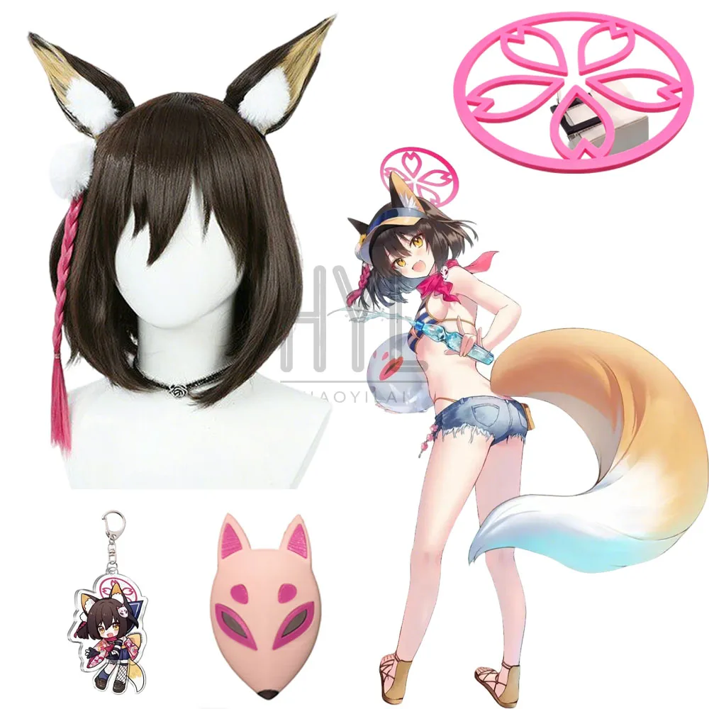 Peluca corta marrón sintética para mujer, disfraz de Izuna Kuda de Game Blue Archive, Halo rosa, accesorios para fiesta de Halloween y Carnaval