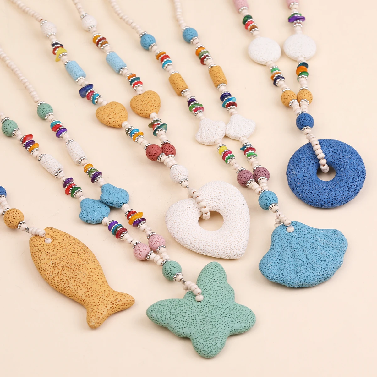

Bohemian Style Colorful Lava Stone Necklace Pendant Shell Butterfly Heart Charms Lava Stone Long Necklace Beach Vacation Jewelry