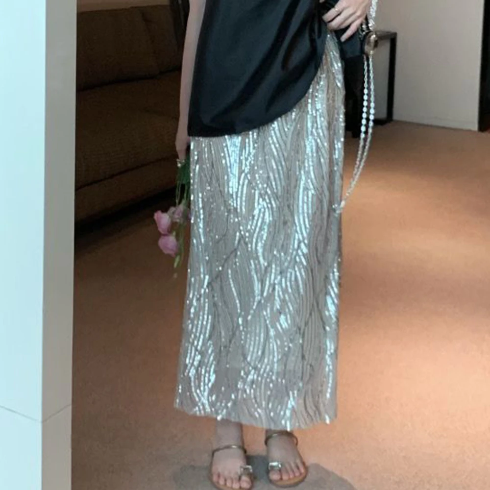 

Summer retro black bubble sleeve short-sleeved shirt top + fairy sparkling sequined hip skirt two-piece set