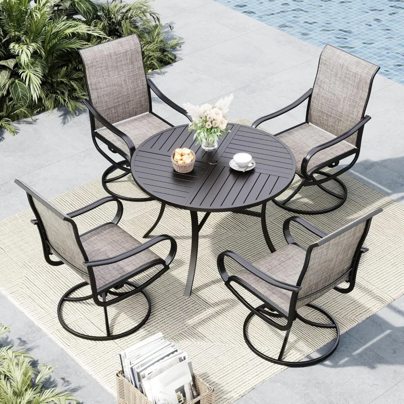 5-Piece Round Patio Dining Set, Table/ Hole & 4 Chairs, Fade-Resistant All-Weather Outdoor Furniture