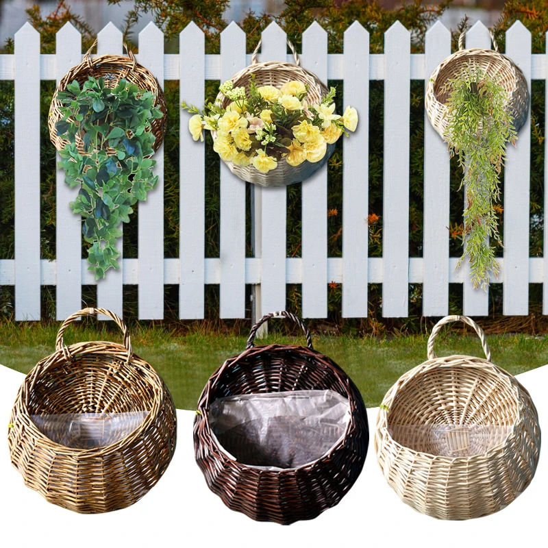Flower Plants Holder Planter Wall Hanging Wicker Rattam Basket Garden Vine Pot Handmade Woven Indoor Storage