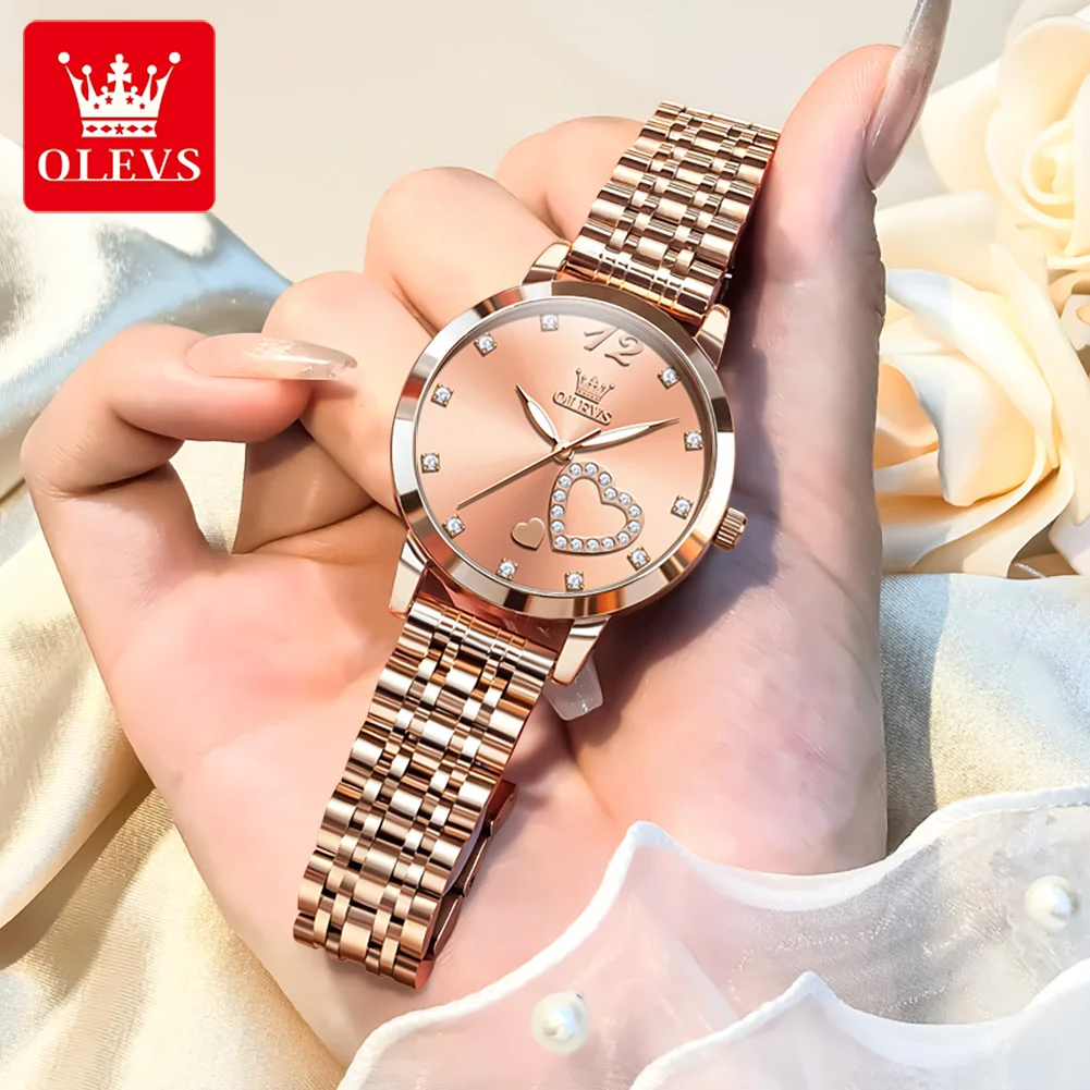 OLEVS 5189 Orologio da donna Orologio da polso al quarzo in acciaio inossidabile di lusso Orologio da donna luminoso impermeabile Set di braccialetti Regali Quadrante a cuore