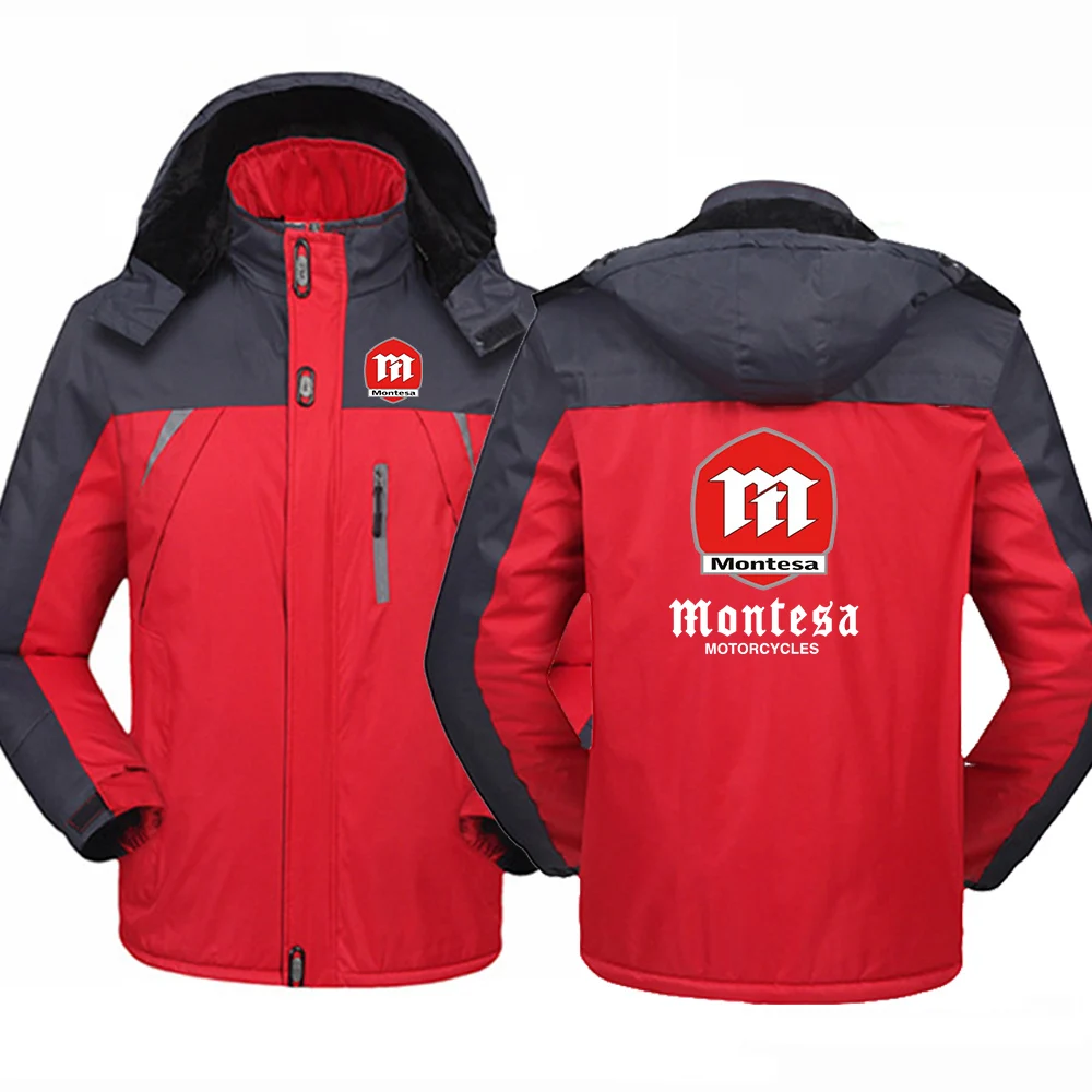 2025 Autumn Winter Men's Montesa Motorcycle Logo Print Personality Patchwork Zipper Jacket Thicken Warm Hoodies Fleece Coat