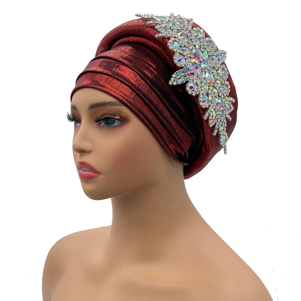 African Wrap Head Headgear Nigeria Auto Gele Headtie Turbante Mujer Luxury Rhinestone Turban Hat for Women Glitter