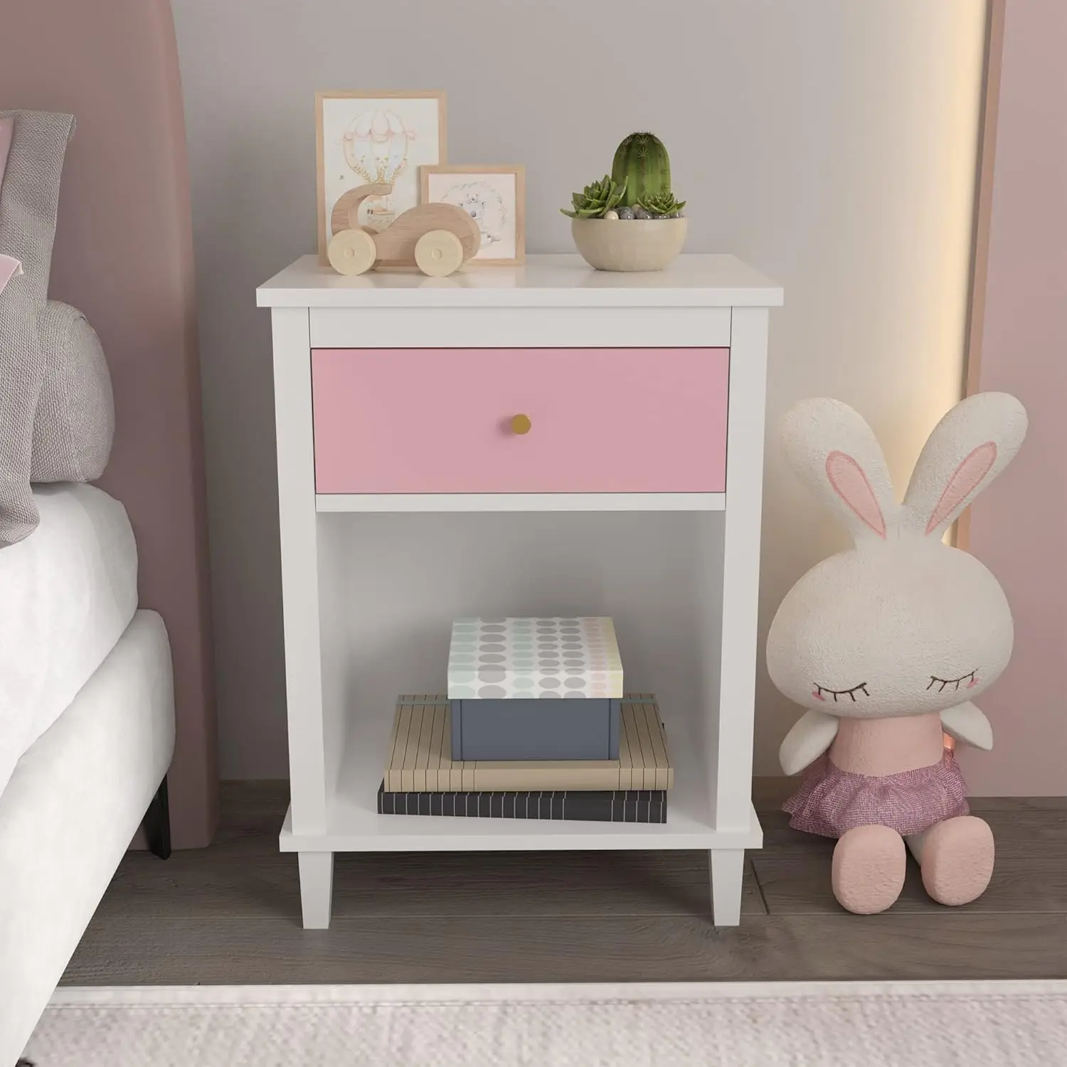 Drawer One Shelf,End Table for Bedroom,Bed Side Table for Kids, Adults,Guest Room Children’s Room,Easy Assembly(Pink)