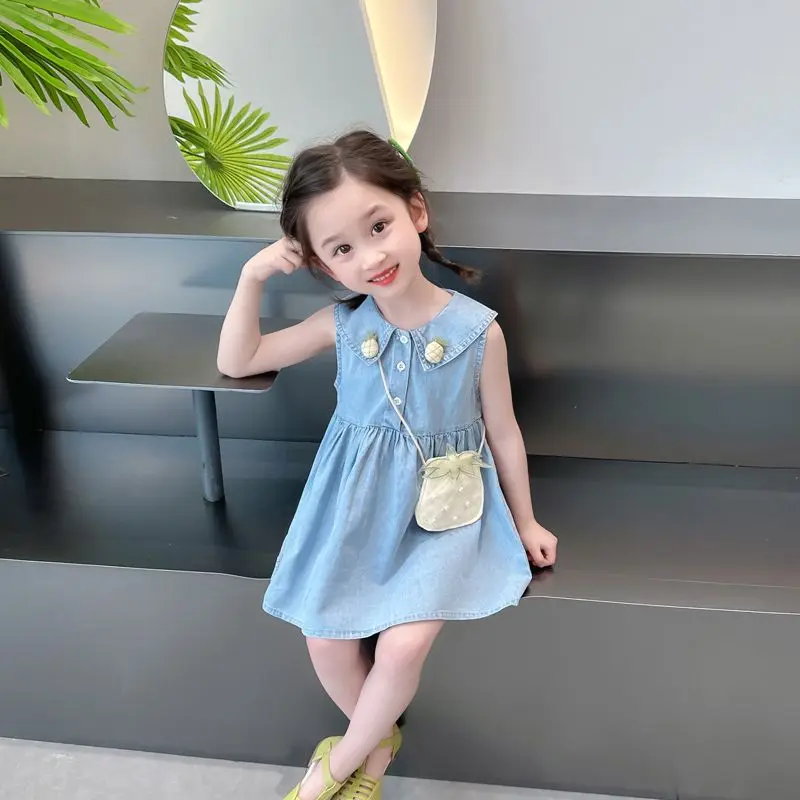 

2023 Summer New Arrival Girls Sleeveless Turn-down Collar Pineapple Blue Roupa Infantil Menina Cute Party Dress Custume 12M-7T