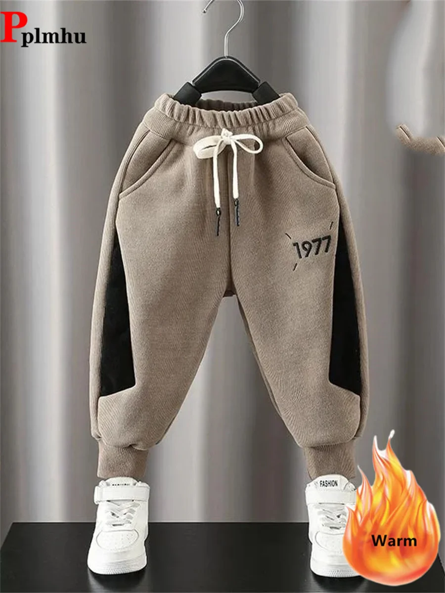 Fashion Boys Velvet Lined Jogger Pants Winter New Patchwork Warm Kids Swetapants Spodnie Plush Thick Children Casual Pantalones