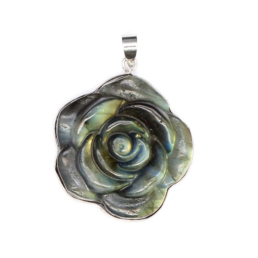 Hand Carved Labradorite Rose Flower Stone Pendant For Women Necklace DIY Natural Labradorite Gemstone Pendant Jewelry No Chain