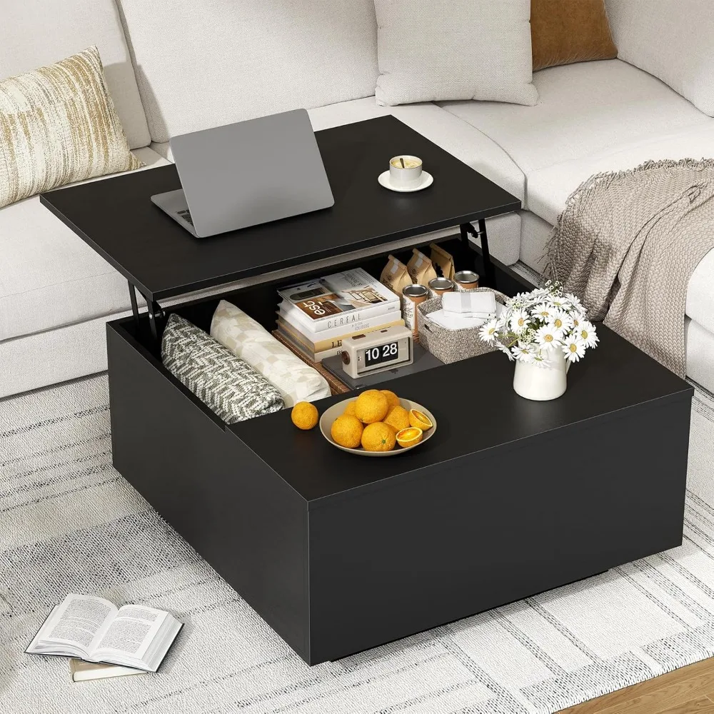 Farmhouse Style Square Wood Coffee Table with Hidden Storage Compartment, Lift Top Functionality for Added Convenience