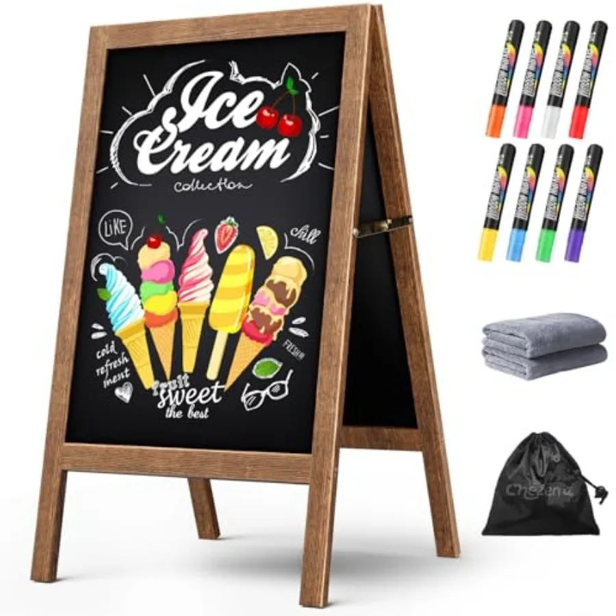 

A Frame Chalkboard Sign, 40"x20" Extra Large Sidewalk Chalk Board, Wooden Standing ChalkBoards Set with Markers, Double-Sided M