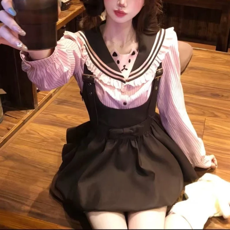 

New Autumn Sweet Kawaii Women 2 Piece Set Design Striped Y2k Tops + Bow Suspender Skirts Harajuku Chic Korean Popular Clothes