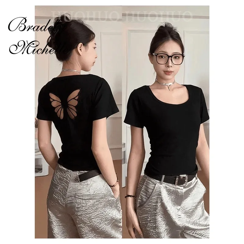 Hand-Trimmed Embroidered O-neck Summer Crop Tops Women Short Sleeve Tops Sexy Bottoming Blouses T-shirt