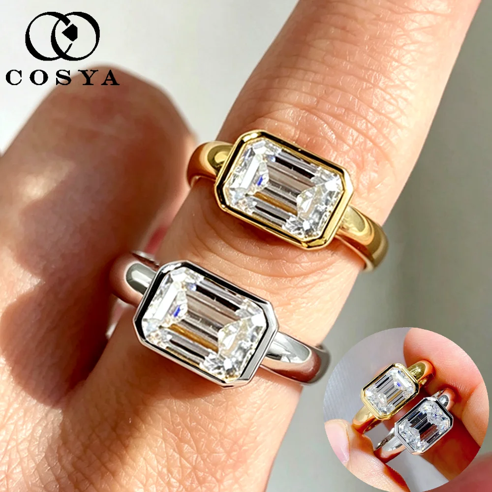 COSYA 2CT Real Emerald Cut Moissanite Ring for Women S925 Silver 18K Gold Bezel Wedding Band Minimalist Solitaire Fine Jewelry