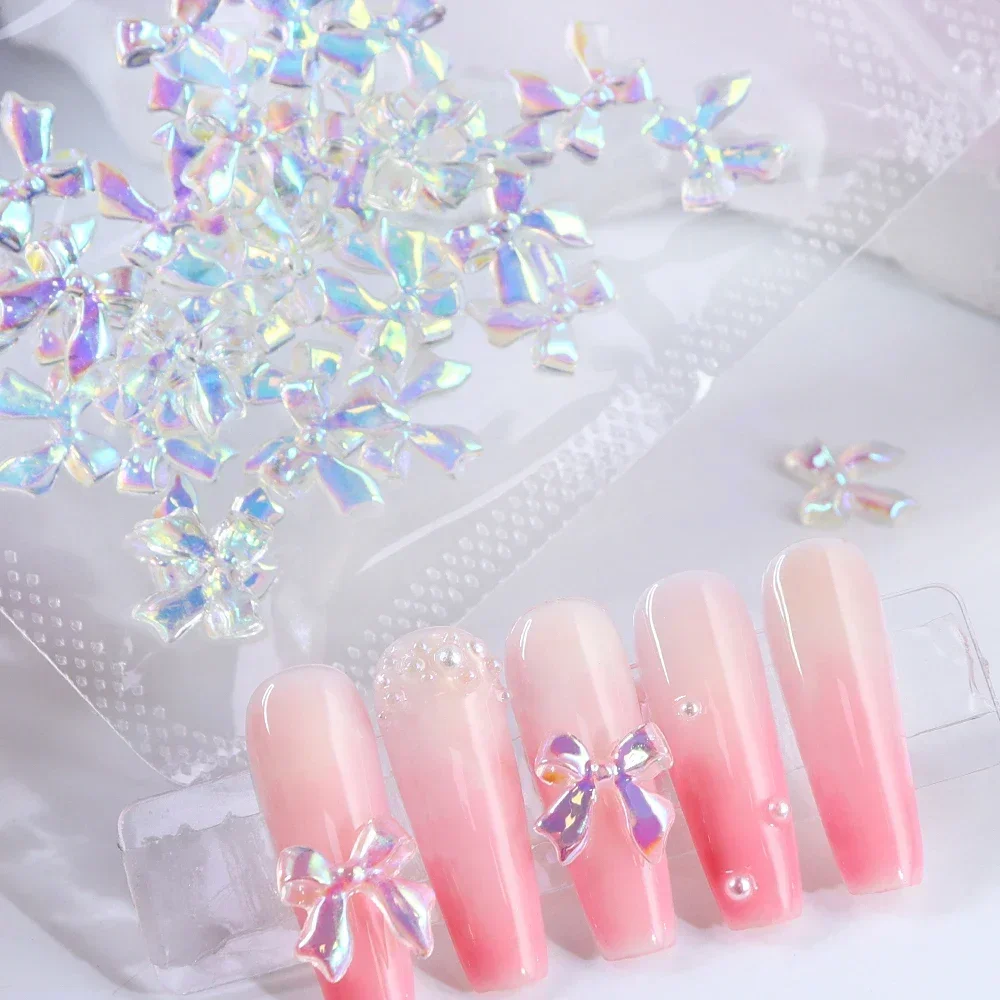 Breloques à ongles avec nœud ruban Aurora Kawaii, décoration biscuits, nœud transparent brillant, accessoires de manucure, N64.30 pièces