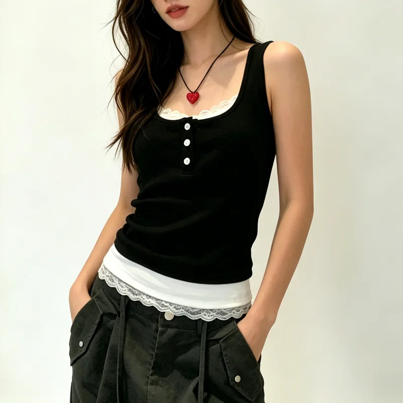Women Fake Two Piece Lace Trim Tank Tops With Built-in Bra Pads Ribbed Viscose Sleeveless Camisole Slim Fit Crop Vest  A6493