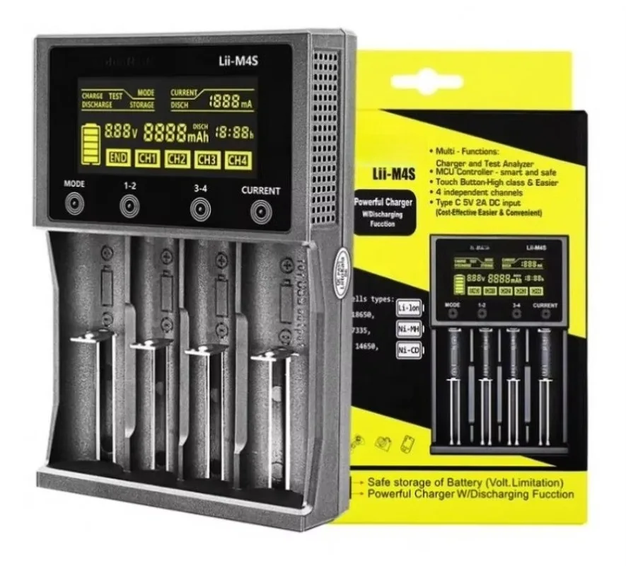 Lii-M4S 18650 LCD multifunctional battery charger, suitable for 3.7V 1.2V 26650 21700 14500 18350 17500 A A A-AA a C, etc