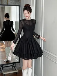 French Retro Hepburn Style Waist-High Hollow Dress for Women in Autumn and Winter Slimming Look Black Puffy Skirt