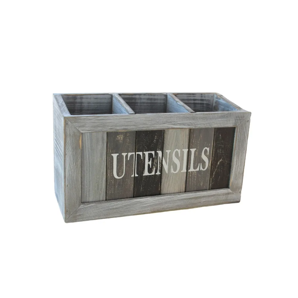 

3 Grids Tableware Storage Box Large Capacity with Divider Solid Wood Storage Box Vintage Chopstick Fork Spoon Organizer