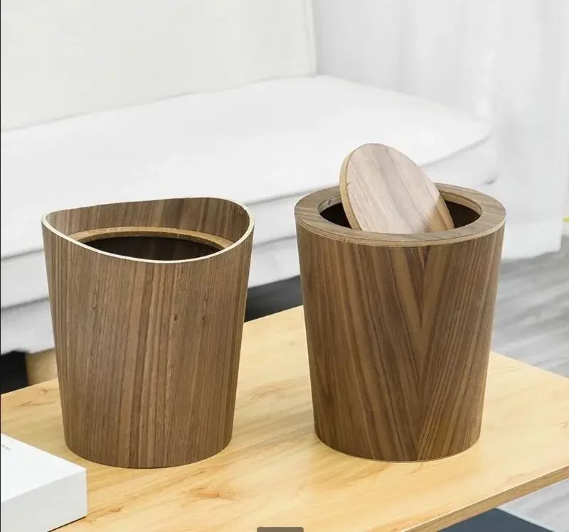 

Desktop Trash Can Wooden Wastebasket Swing Cover Rubbish Storage Bucket Storage Box Waste Bins Garbage Can with Lid Trash Bin