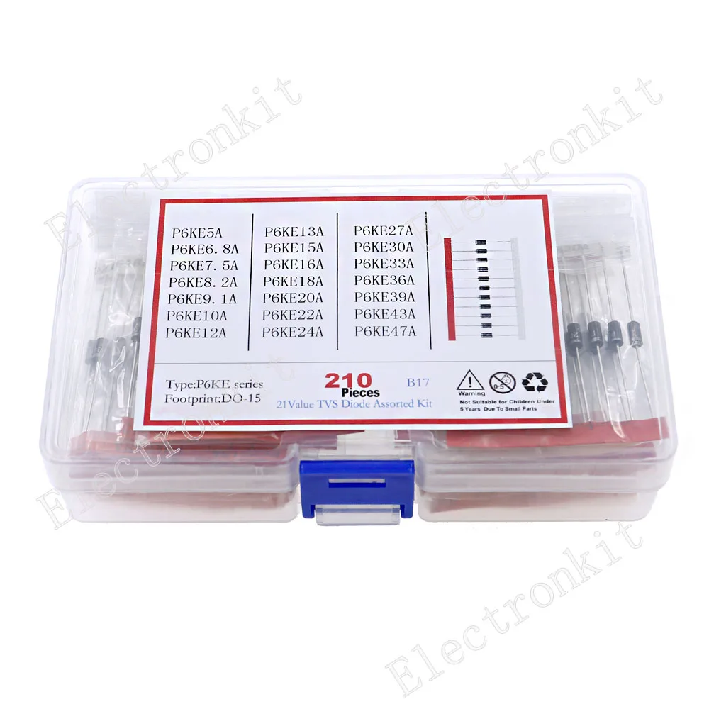 210Pcs 21Value TVS Diode Mix kit P6ke5A 6.8A 7.5A 8.2A 9.1A 10A 12A 13A 15A 16A 18A 20A 22A 24A 27A 30A 33A 36A 39A 43A 47A