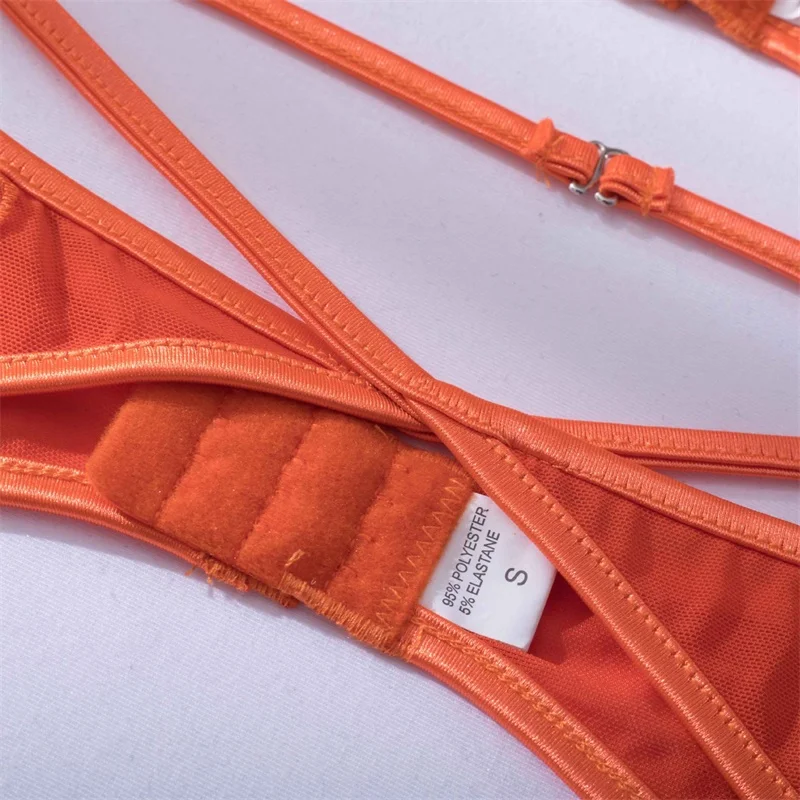 Aduloty Women Sexy Lingerie Underwire Orange Bra Exquisite Embroidered Mesh garter With Thong Three Piece Set