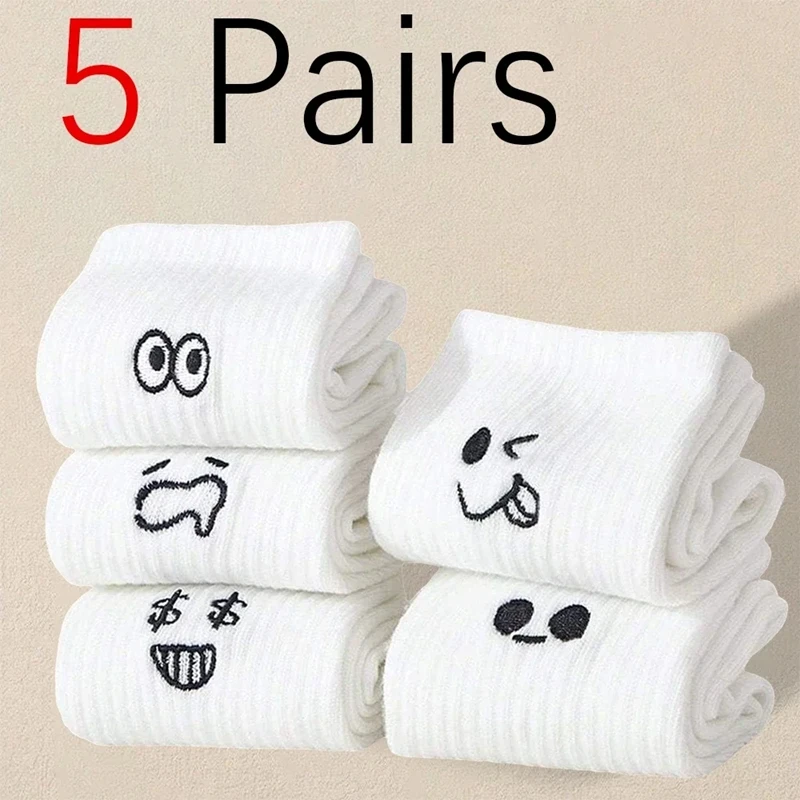 5 Pairs Men White Cartoon Socks Trendy Versatile Expression Socks With Simple Design Soft Breathable Comfortable Casual Socks