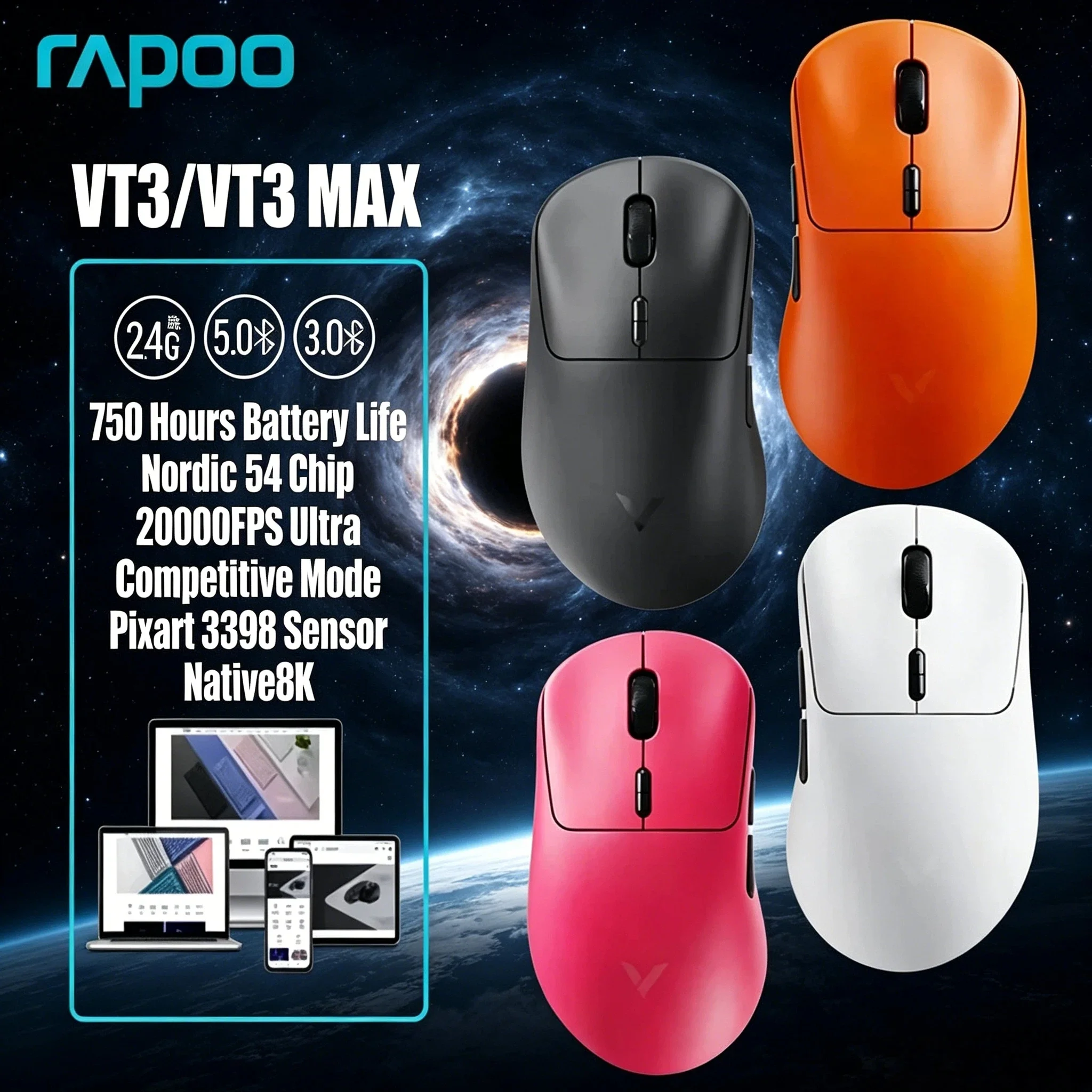 

Rapoo VT3 VT3 MAX 8K Wireless Polling Gaming Mouse 53g Lightweight Up to 750Hr Battery Life Macro Enabled Pro Max