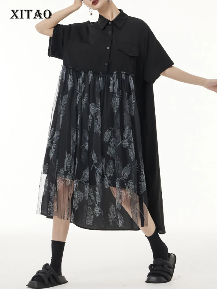 

XITAO Loose Patchwork Shirt Dress Temperament Mesh Print Women Summer Short Sleeve Street Turn-down Collar Dress ZMY1078