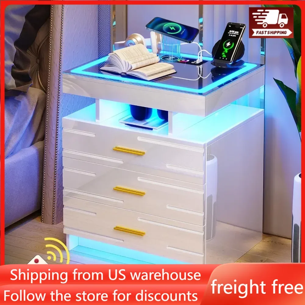 Bedroom Furniture Glass with Touch Screen Bedside Table RGB LED Bedside Table with Charging Station Home，charging Station